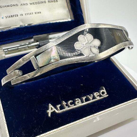 Taxco vintage 925 sterling silver onyx abalone inlay hinged bangle bracelet - Picture 1 of 11